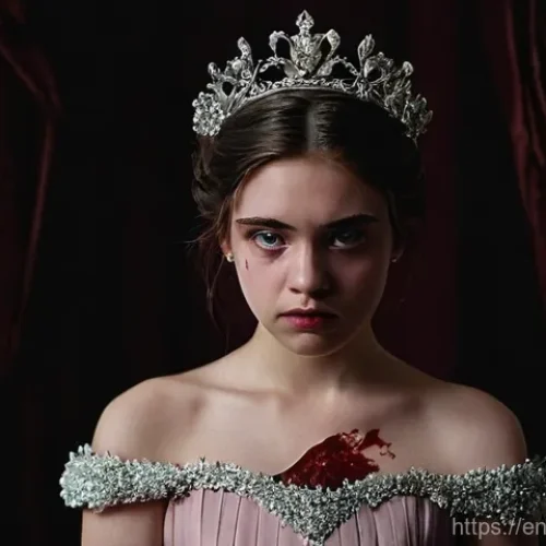 캐리 캐릭터 코스프레 - **Prompt:** A young woman, appearing to be in her late teens, stands center frame, drenched in thick...