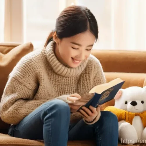 캐리의 굿즈 시장 점유율 - **Prompt:** A cozy, warmly lit living room scene. An adult in their late 20s to early 30s, dressed i...