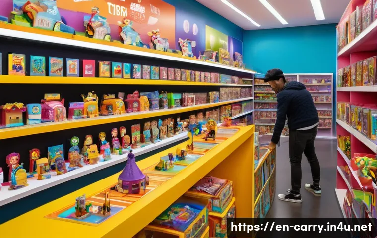 캐리 완구 시장 매출 분석 - A vibrant, detailed scene of a modern urban toy store interior featuring an interactive Carrie toy d...