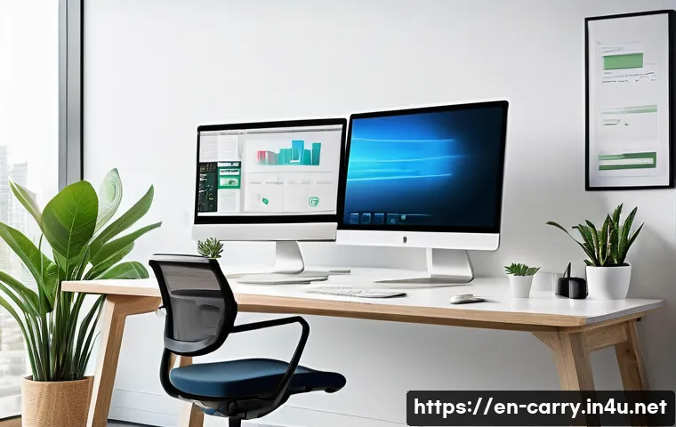 캐리와 엘리 차이점 - A sleek, modern office workspace featuring a large ultrawide monitor displaying a minimalistic, clea...