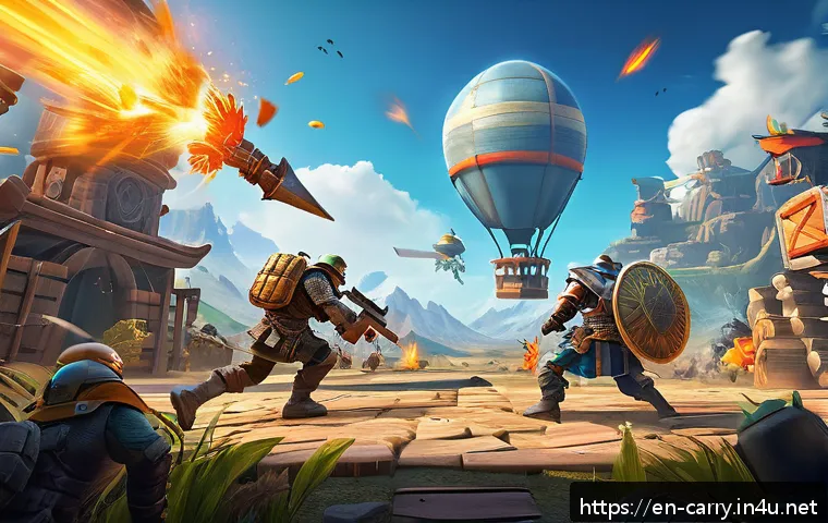 캐리와 브롤스타즈 콜라보 - A dynamic battle arena scene blending vibrant cartoonish graphics with detailed textures, featuring ...
