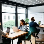 캐리 콘텐츠의 성장 가능성 - A modern office scene showing a diverse team of marketers and content creators collaborating around ...