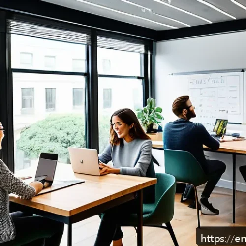 캐리 콘텐츠의 성장 가능성 - A modern office scene showing a diverse team of marketers and content creators collaborating around ...