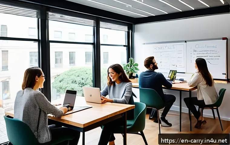 캐리 콘텐츠의 성장 가능성 - A modern office scene showing a diverse team of marketers and content creators collaborating around ...