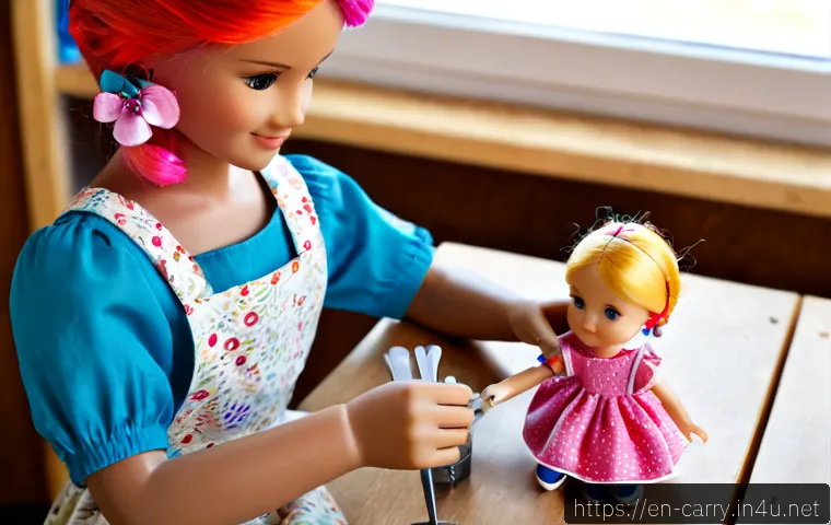 Home 17 캐리 인형 제작 과정 - Photorealistic close-up of a skilled toy maker assembling a cheerful childlike fashion doll on a cle...